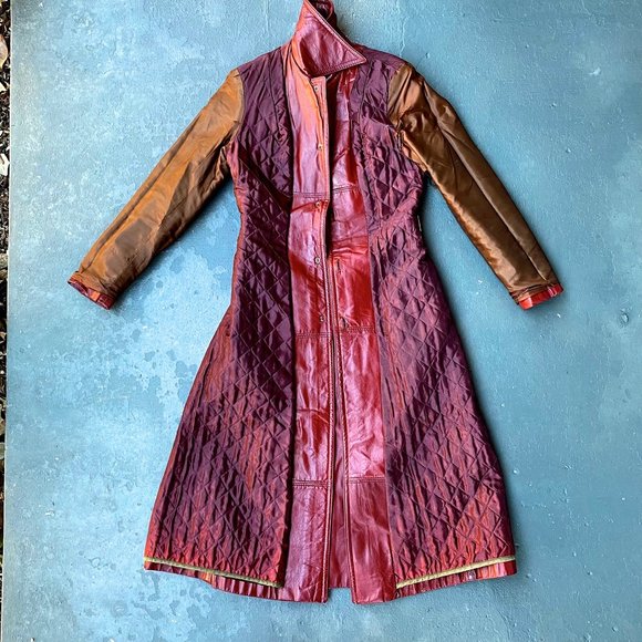 Vintage 70’s Long Leather Trench Coat Penny Lane Oxblood Belted Maxi Boho Jacket - Picture 12 of 17